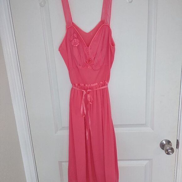 Gossard Artemis‎ Coral Chemise Slip Gown Waist Tie Floral Midi Vintage 60s S - Picture 9 of 10